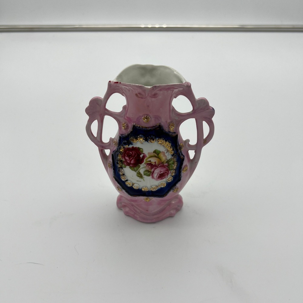 Vintage Pink Porcelain Bud Vase Rose Floral Gold Gilt Double Handle 5 inch
